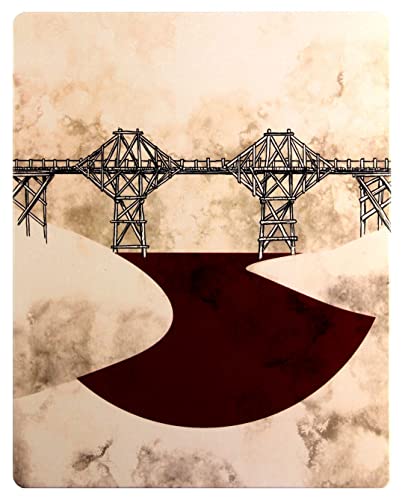 A line drawing of a bridge over a dark red river against a textured background.