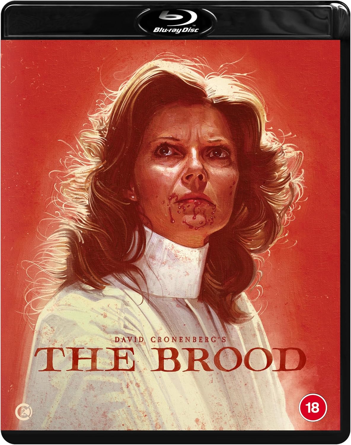 Blu-ray cover for horror film "The Brood" featuring a distressed woman’s face.