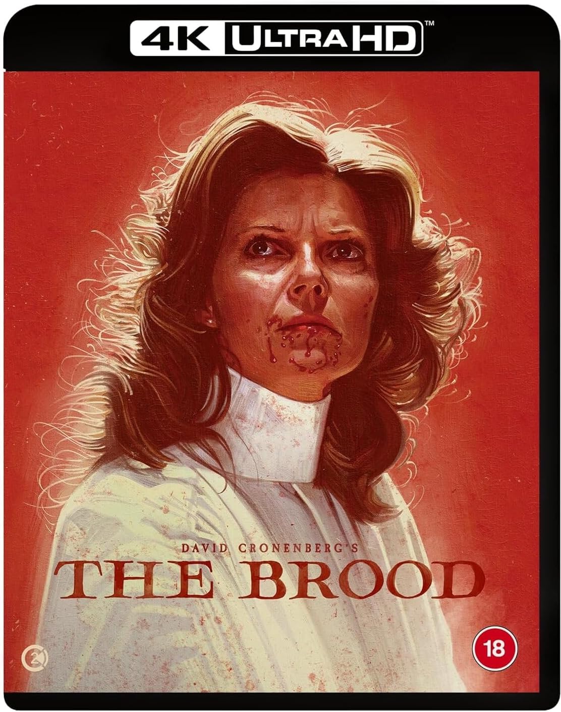 The Brood 4K Ultra HD cover art featuring a woman with blood on her mouth.