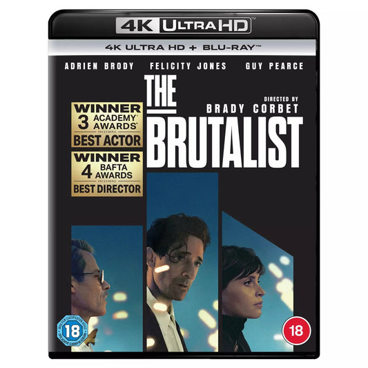 Front cover of The Brutalist Blu-ray featuring bold, minimalist typography on a textured background.