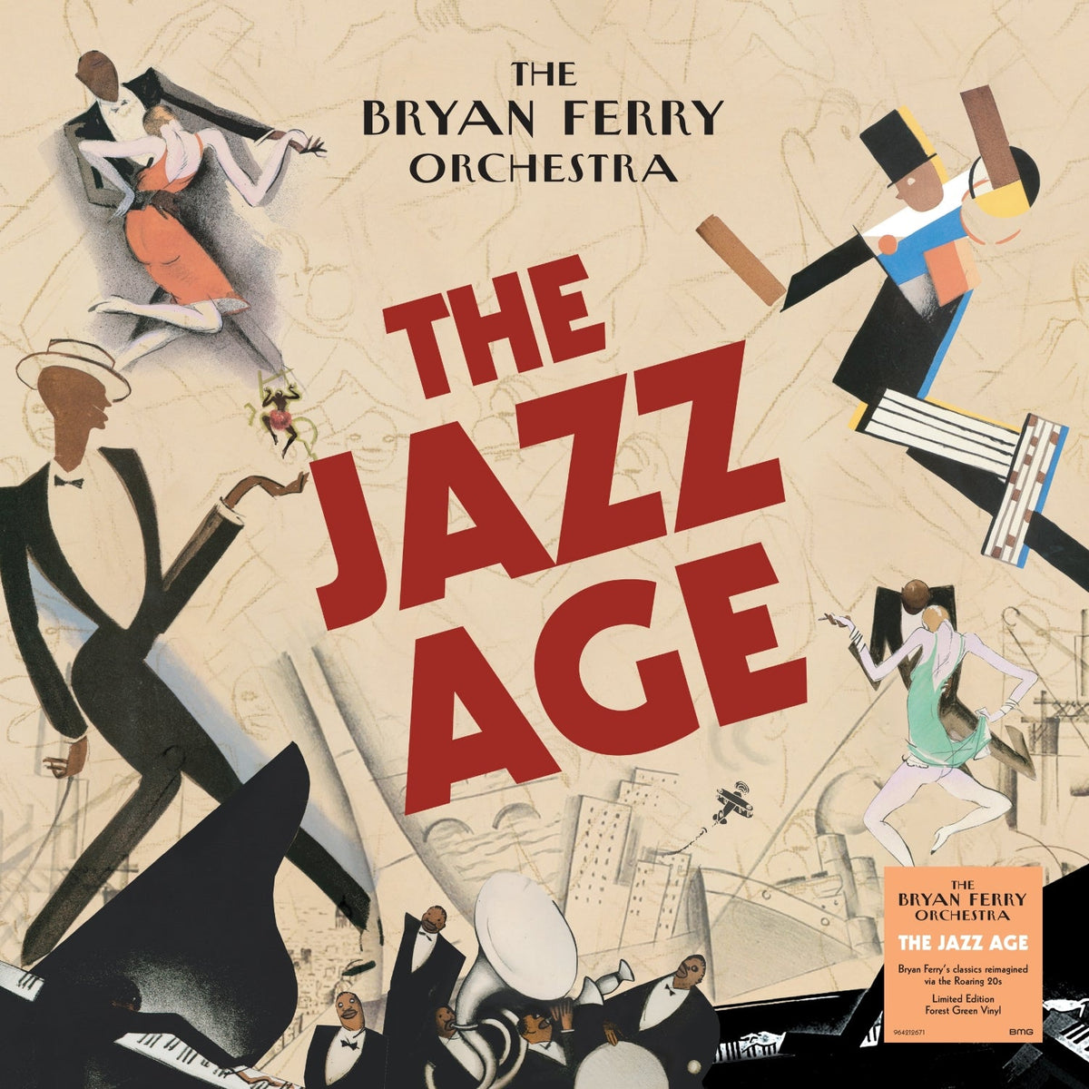 Album cover for The Bryan Ferry Orchestra’s “The Jazz Age” with illustrated figures.