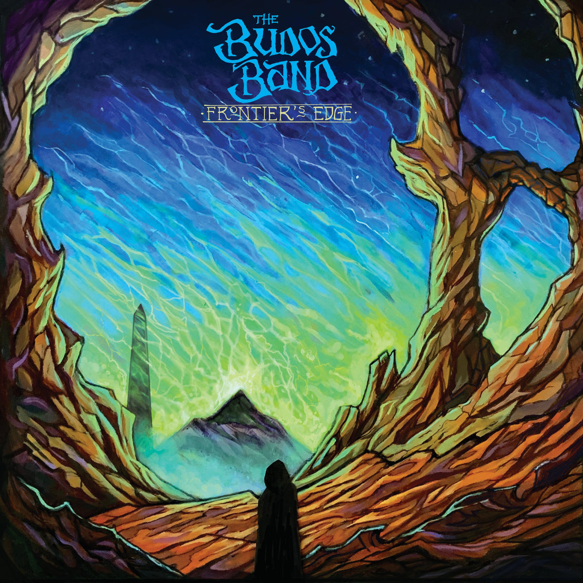 Album cover for The Budos Band’s “Frontiers Edge” with painted landscape.