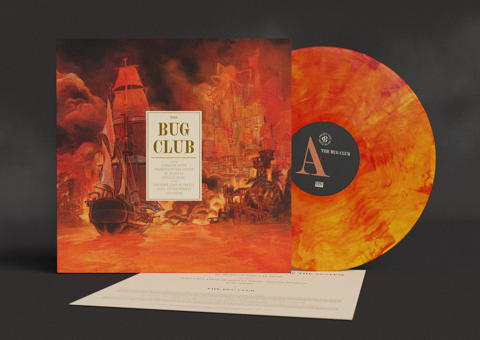 The Bug Club vinyl record with orange marbled disc and illustrated ship cover art.