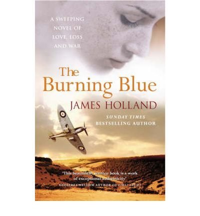 Book cover for "The Burning Blue" featuring a vintage airplane and a woman’s face.