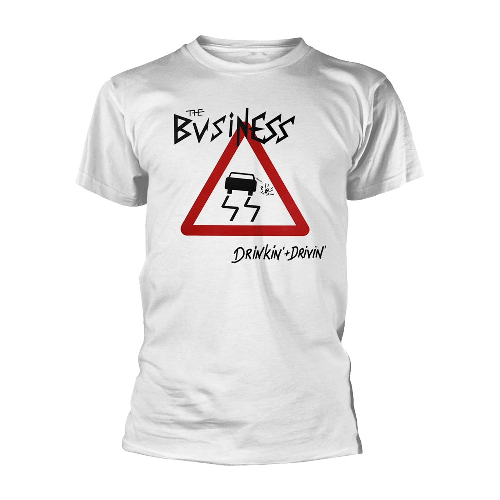 White t-shirt featuring The Business logo and a red warning triangle graphic.