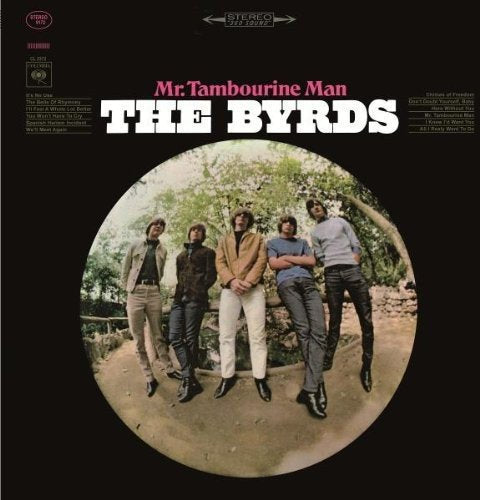 The Byrds’ “Mr. Tambourine Man” vinyl album cover with band photo.