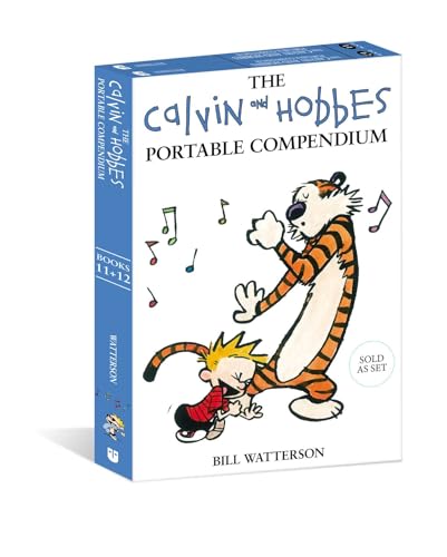 Calvin and Hobbes Portable Compendium box set featuring Calvin and Hobbes dancing with music.
