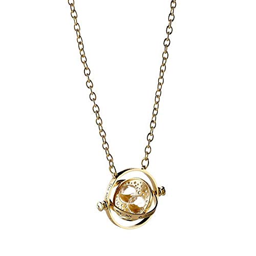 Gold-toned necklace featuring a rotating hourglass pendant with engraved text on a circular frame.