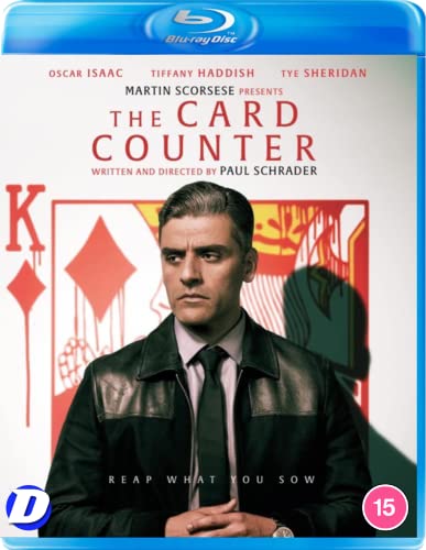 Blu-ray cover for "The Card Counter" featuring Oscar Isaac and playing cards.