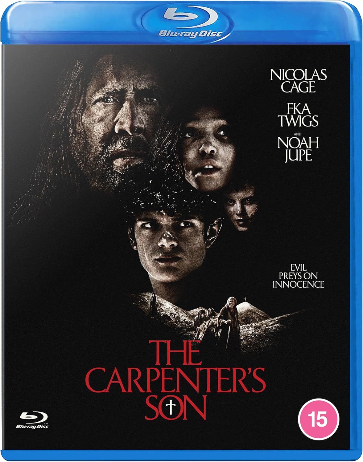 Blu-ray cover for "The Carpenter's Son" featuring Nicolas Cage and FKA twigs.