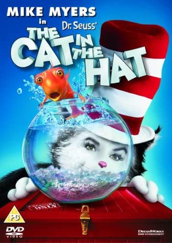"The Cat in the Hat DVD cover featuring cat in a fishbowl and goldfish."