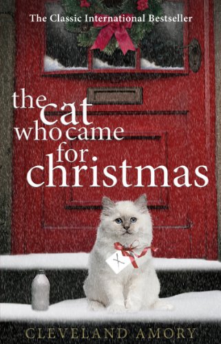 Book cover: a white cat with a red ribbon sits in snow before a red door.