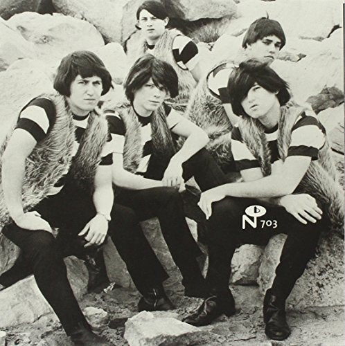 Black and white photo of five young men with long hair.