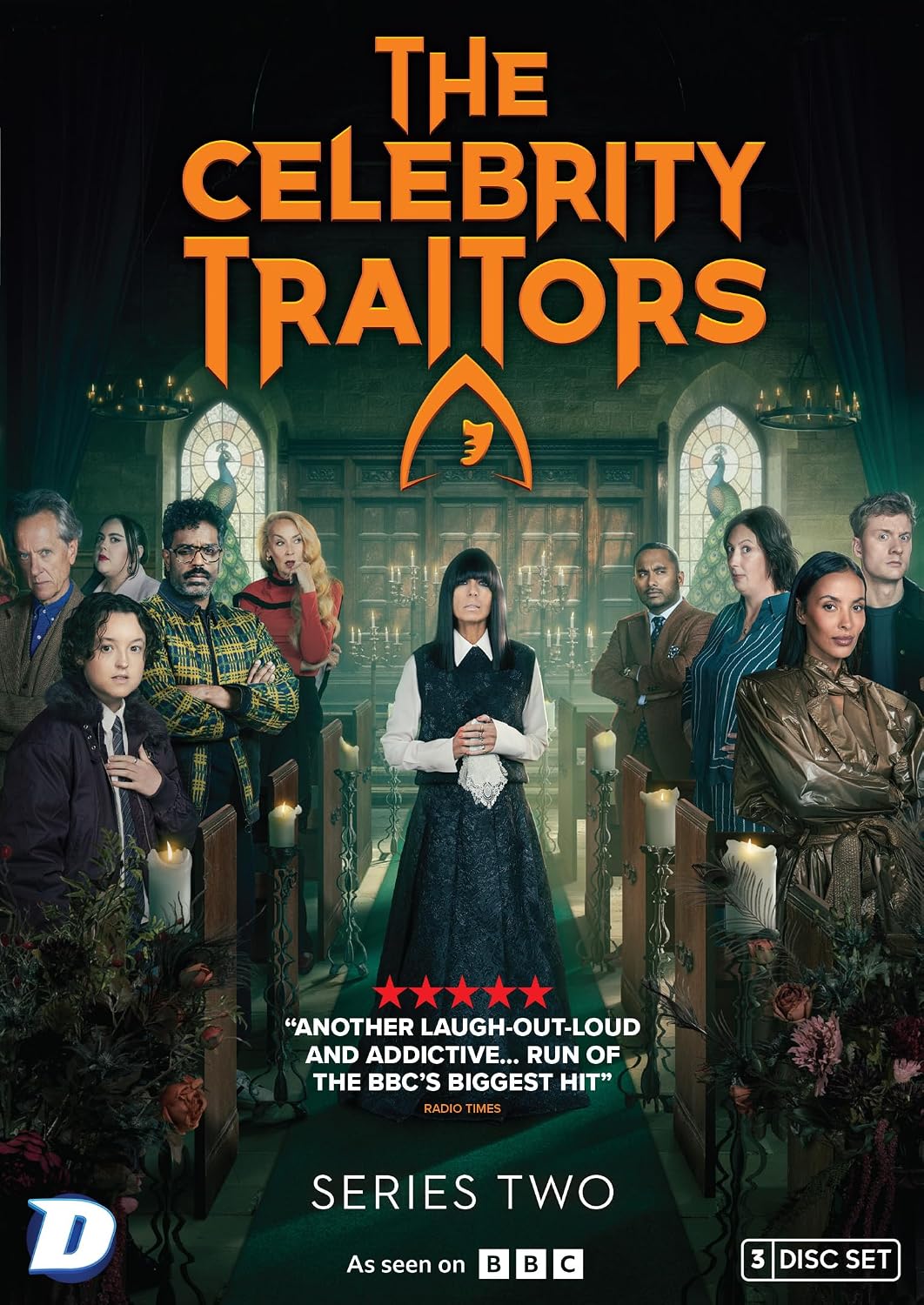 DVD cover for "The Celebrity Traitors: Series 2" featuring a cast in a gothic hall.