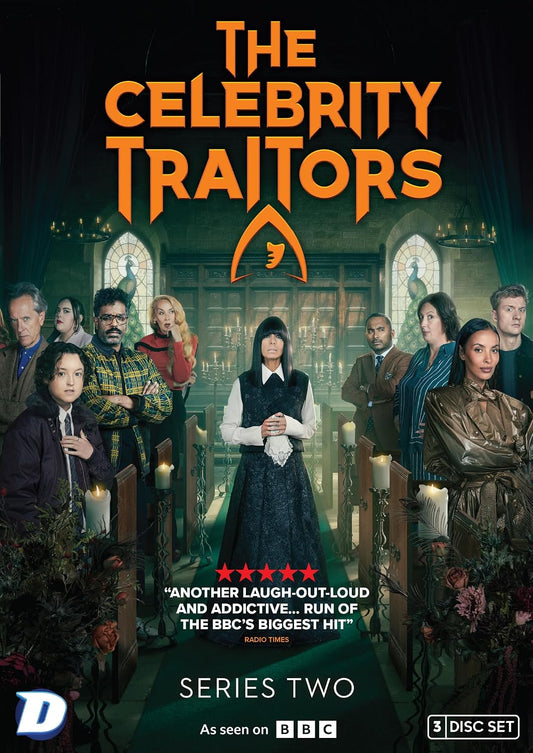 DVD cover for "The Celebrity Traitors: Series 2" featuring a cast in a gothic hall.