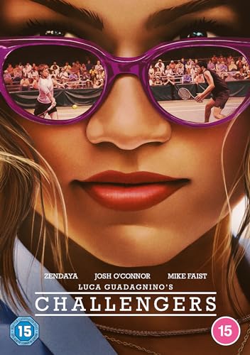 Movie poster for "Challengers" featuring a woman’s face and tennis match reflected in sunglasses.