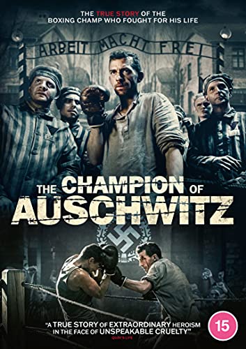 DVD cover showing a boxer in a concentration camp with prisoners in striped uniforms.