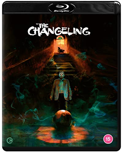 Blu-ray cover for The Changeling showing a man standing before a staircase and ball.