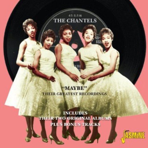 "CD cover featuring The Chantels, five women in white dresses, on a pink background."