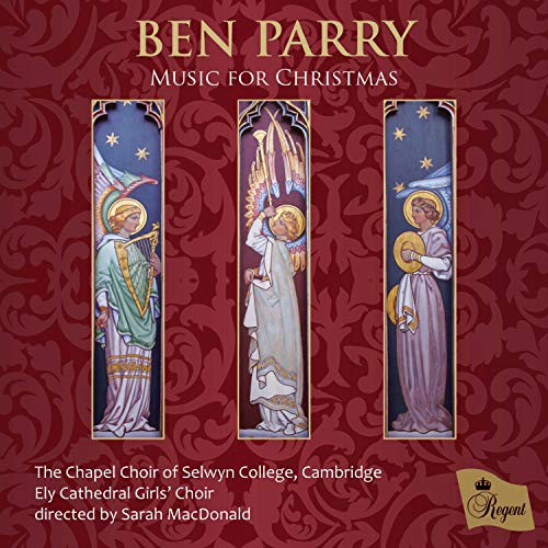 "Red CD cover with three vertical panels featuring angelic figures and gold text."