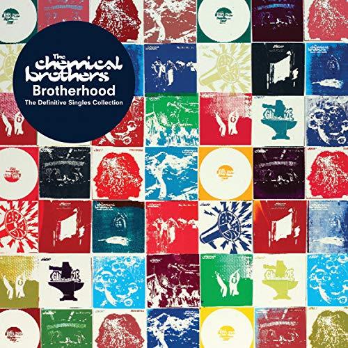 A grid of colorful album art squares with a large blue circle overlaying the top.