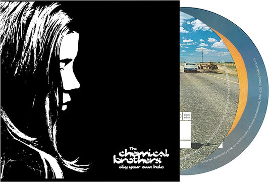 The Chemical Brothers album cover: black background, white illustration of a woman's profile.