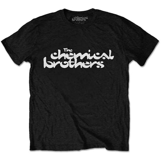 A man wearing a black t-shirt with white The Chemical Brothers logo text.