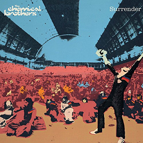 The image shows the vinyl album cover for "Surrender" by The Chemical Brothers. For accessibility purposes, a concise alt text could be: "Vinyl album cover with abstract illustration of a crowd and a man."
