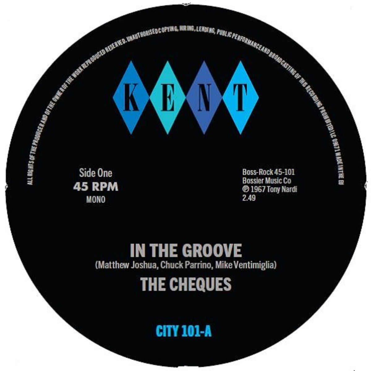 Black vinyl record label with blue diamond-shaped "KENT" logo and white text.