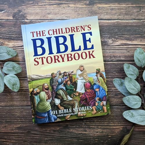 The Children's Bible Storybook" cover with illustrations of biblical figures.