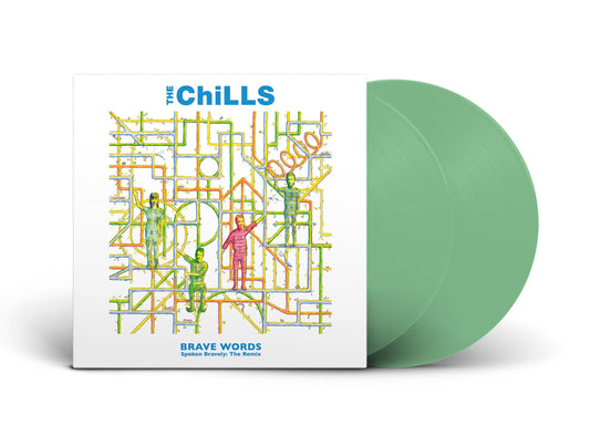 "Mint green vinyl record with white album cover featuring abstract, colorful illustration."