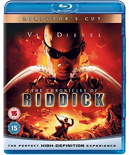 Blu-ray cover for The Chronicles of Riddick featuring Vin Diesel holding two curved blades.