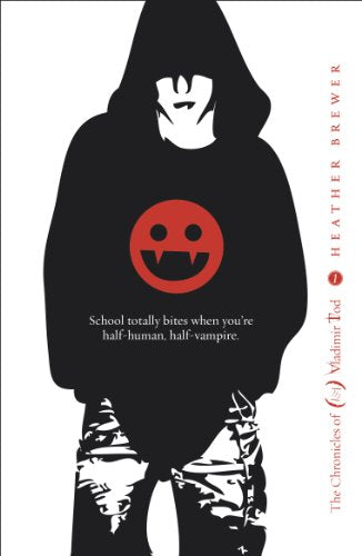 Book cover: hooded figure with vampire teeth graphic, white background.