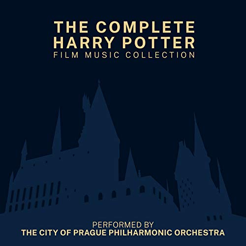 Album cover with dark blue background, Hogwarts silhouette, and gold text title and orchestra name.