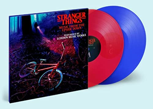 Stranger Things" soundtrack vinyl: red and blue records, bicycle cover art.