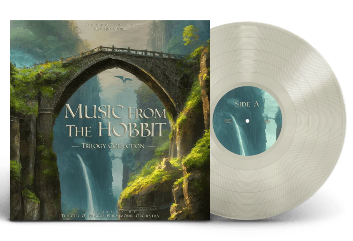 The Hobbit" soundtrack vinyl record featuring a bridge and waterfall image.