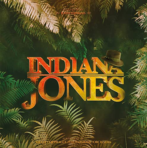 “Indiana Jones” album cover featuring golden text and jungle foliage.