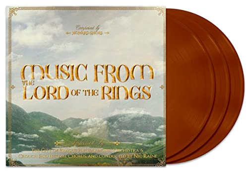 Lord of the Rings soundtrack vinyl record with brown discs and cover art.