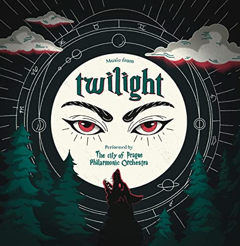 Twilight" vinyl record cover with moon, eyes, forest, and wolf silhouette.