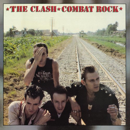 The Clash’s “Combat Rock” vinyl album cover with band members by train tracks.