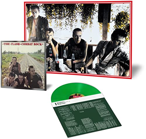 The Clash “Combat Rock” vinyl record with green disc and cover art.