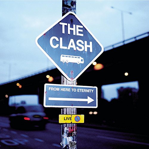 The Clash album cover: road sign with bus icon, highway background.