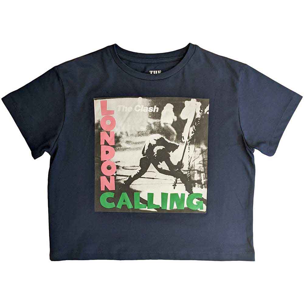 Ladies' small black crop top featuring The Clash's "London Calling" album artwork.