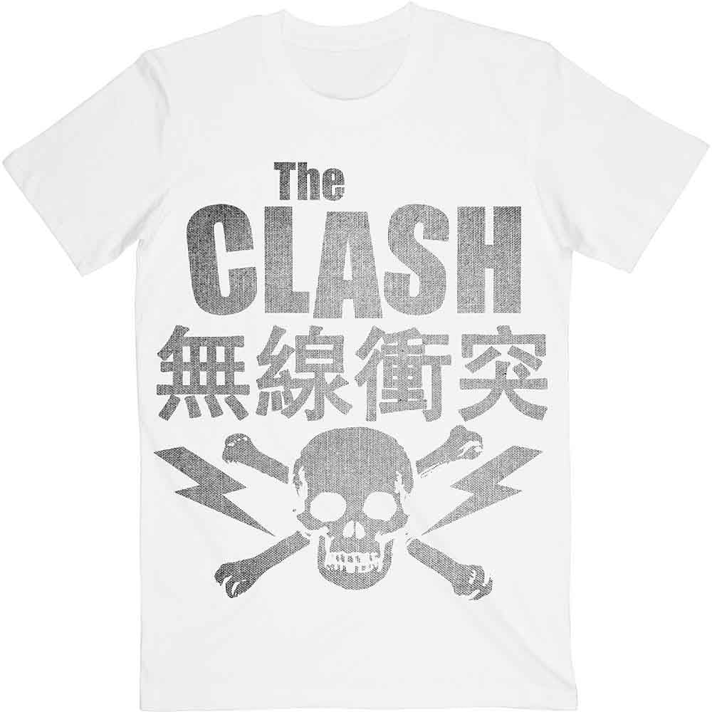 White t-shirt with The Clash skull and crossbones logo on a model.