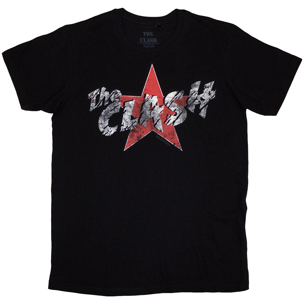 Black t-shirt with a red star and "The Clash" logo graphic.