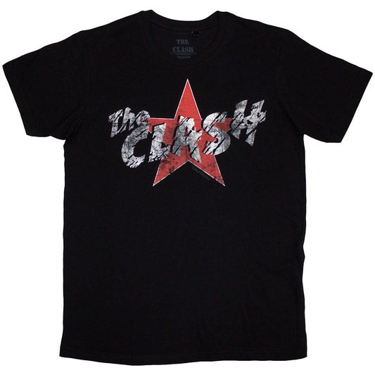 Black t-shirt with a red star and "The Clash" logo graphic.