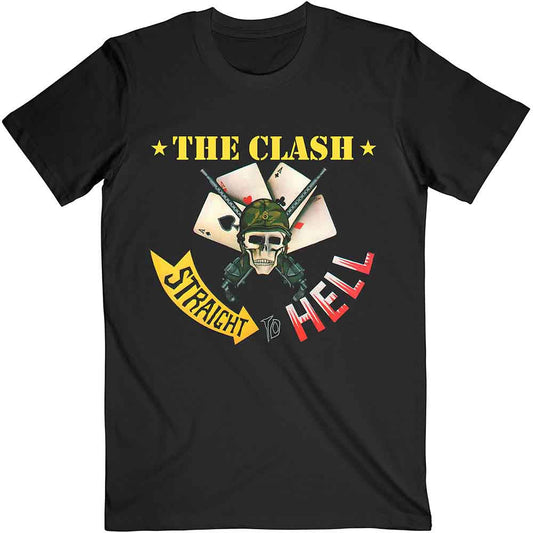 Black t-shirt with "The Clash" logo: skull, cards, and text.
