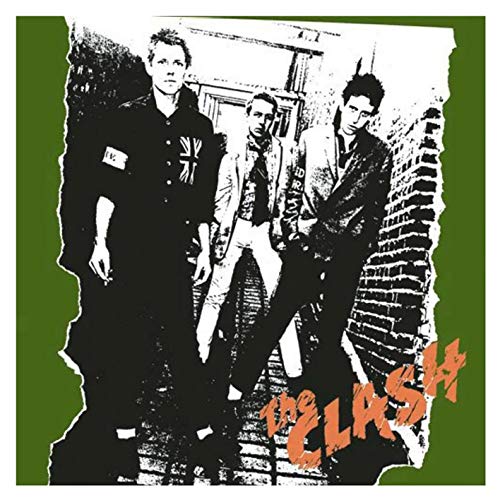 Black and white photo of The Clash band members against a green background.