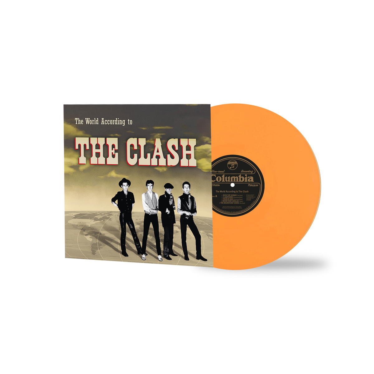 The Clash vinyl record with band photo and orange disc visible.