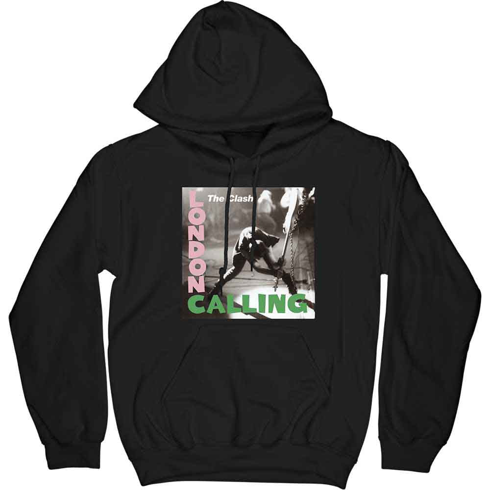 Gray pullover hoodie featuring "The Clash" album art from "London Calling".